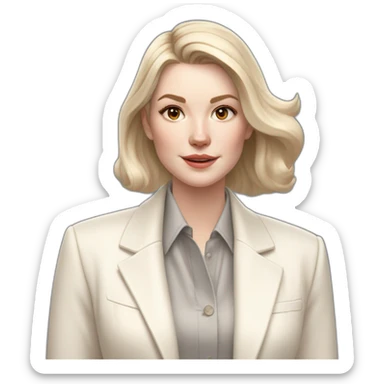 pale skin woman with ash blonde Straightened bob Hair, White Spacious classical jacket, beige palazzo Arrow pants and gray blouse holding white IPhone 15 pro in the hands sticker