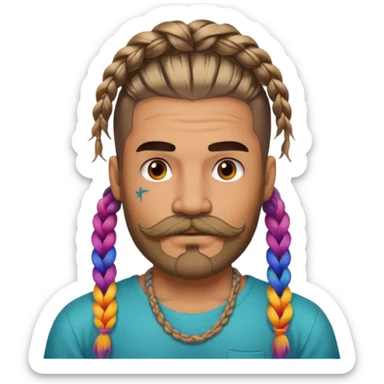 big lose braids starting from the top sides of the head hair like a unicorn man with mustache face wiith big visible loose only two braids and lots and lots of colored face tattoos colored tattoos like a tattoo artist hair unique color and beard sticker