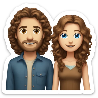 caucasian blue eyed woman with long brown hair holding hands with tall caucasian man with curly brown hair and brown eyes sticker