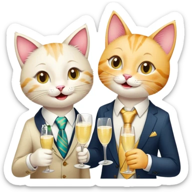 happy girl cat with eyelashes wearing a colorful necktie and happy boy cat wearing a professional necktie clinking champagne glasses together in celebration, both with cheerful expressions sticker