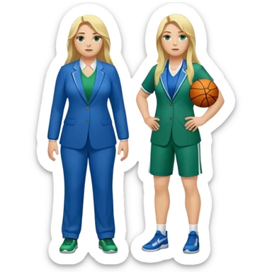 Full Body white plus size female basketball head coach with long blonde hair in a blue and green suit sticker