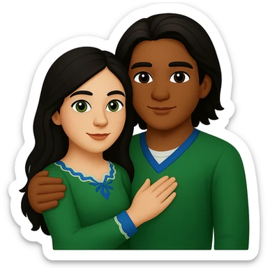 Edit the image in apple emoji style with no background. Change the man to have a darker skin tone, short hair, and brown eyes. Keep the woman with long dark hair and green eyes. Depict a young Métis man and young white woman holding each other affectionately. sticker