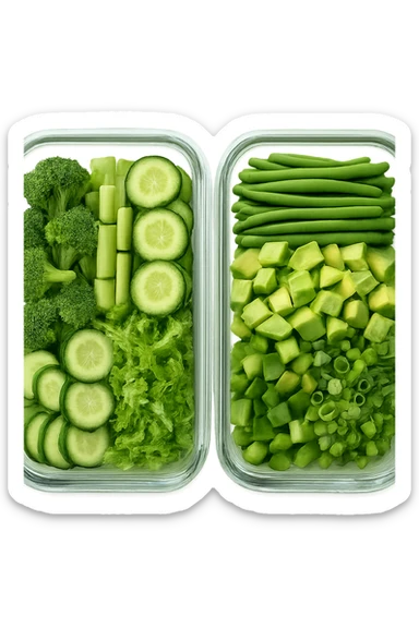 verdure tagliate e sistemate in due schiscette di vetro viste dall'alto, iperrealistico 4k sticker