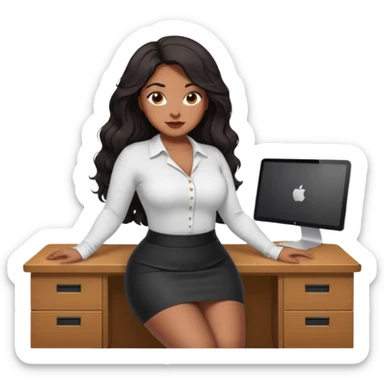 Curvy woman with brown skin with long wavy black hair, brown eyes. She's wearing a tight white shirt and tight black mini skirt, she's sat in the edge of a desk sticker