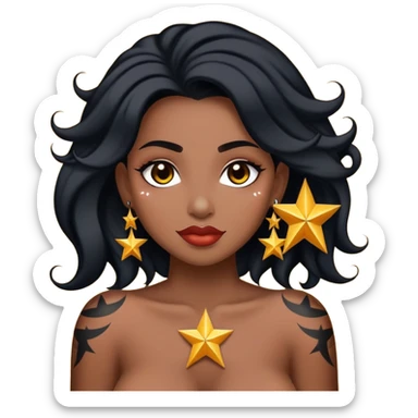 quero uma imagem de uma garota com cabelos longos e cacheados, em uma coloração escura. pele morena, mas não tanto, piercing no septo, boca um pouco carnuda, sobrancelhas um pouco finas, uma roupa preta e uma tatuagem de estrela no ombro  sticker
