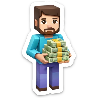 emoji style icon, minecraft blocky character holding a stack of money, pixel art style, bright colors, simple background, 3D glossy emoji, centered composition, soft shadow, high detail, clean outline, white background sticker