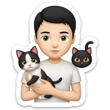 generate a pretty bratz emoji of a boy with black hair wearing a white tshirt and holding a cat in his right hand sticker
