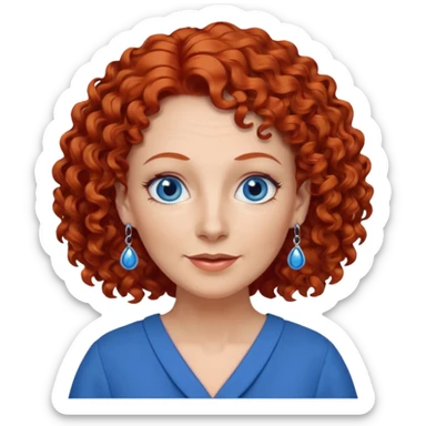 una profesora mayor simpática con el pelo rojo rizado, ojos azules, vestido azul y pendientes azules hablando sticker