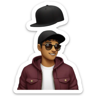 Chico joven con gorra hacia atrás color negra lentes negros sacando la lengua buso vinotinto  sticker