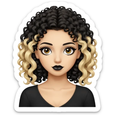 split dye leftside blonde rightside black-brown curly hair, baddie, pretty makeup, black eyeliner, long and curly hair sticker