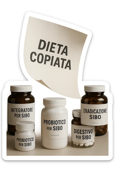 FOGLIO DI CARTA FLUTTUA IN ARIA CON LA SCRITTA "DIETA COPIATA", INSIEME A BARATTOLI DI INTEGRATORI PER CURARE IL SIBO IN ITALIANO, IPERREALISTICO 4K, NON DISEGNATO sticker