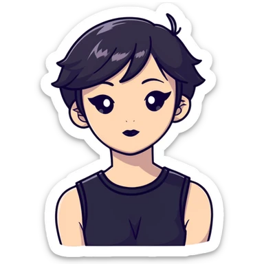 gothic femboy with wide shoulders, small chest, dark makeup, black clothing sticker