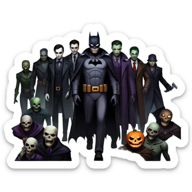 Icon for Thriller Movies: A large, dramatic collage featuring sinister villains and zombies in dark clothing. The background shows the gloomy cityscape of Gotham with dim lighting and eerie shadows. The atmosphere should be tense, mysterious, and suspenseful. Transparent background. sticker