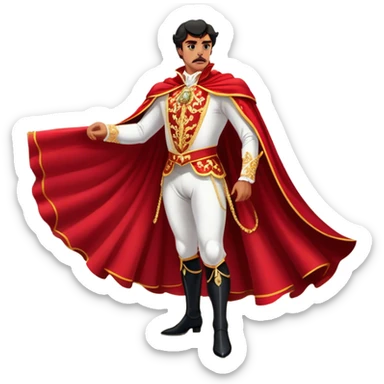 Spanish Matador – Cinematic Realistic Spanish Matador, portrayed in an ornate traje de luces with a flowing red cape, standing poised in a classic bullring with swirling dust and dramatic light, his intense expression and elegant stance capturing both bravery and artistry. sticker