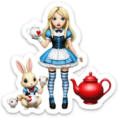  3d rendering,  ultra detailed, Alice in wonderland modern style in a punk gothic style outfit, stripped knee high socks, gothic platform heels, long blonde hair, eyeliner, red lipstick, falling through rabbit hole,  holding a tea pot, transparent background
 sticker