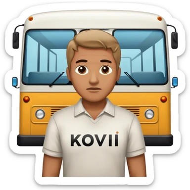Guy standing next to a bus, facing backwards and had the name “Kovi” on the back of his shirt sticker