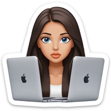 Glamours tanned very beautiful girl with pump peach lips and dark chocolate straight smooth long hair, blue-grey eyes with MacBook sticker