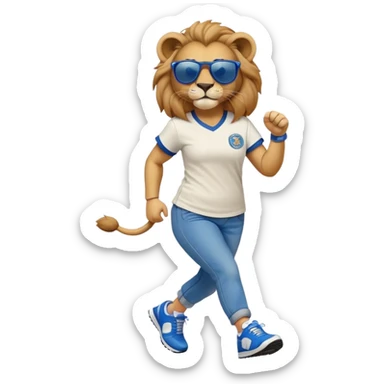 friendly anthropomorphised female lion wearing a baseball shirt, jeans, trainers, dark sunglasses, jogging upright, looking dominant and confident sticker