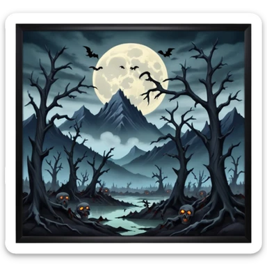 A dark creep Alaskan land scape with rotting trees and zombies rising from the ground infront of evil looking mountains with a cloudy evil moon. sticker