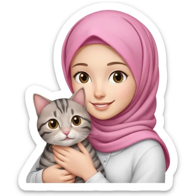 White girl wearing pink hijab with white shirt smiling while holding a black grey tabby cat sticker