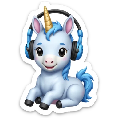 Unicornio bebé azul sentado escuchando música con auriculares negros sticker