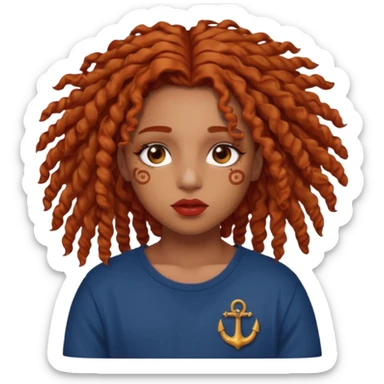 Caramel brown skin, curly locs that are half dyed ginger red at the end, brown eyes, a little bit of acne on my cheeks, Greek lips, cancer + Scropio eye shape mixed, medium sized chest, and I like the style Cutecore  sticker