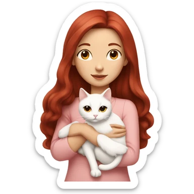 girl with long very dark red hair and brown eyes and light pink outfit hugging a white ginger cat  sticker