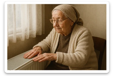 Grandma warms his hands by the heating radiator.  sticker