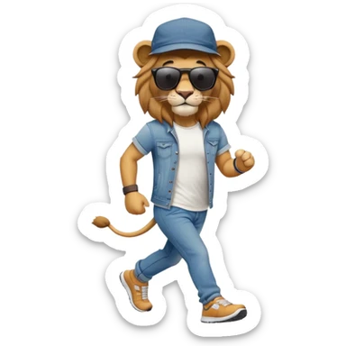 friendly anthropomorphised lion in jeans and a t-shirt, wearing dark sunglasses and a hat, jogging upright in standard pose sticker