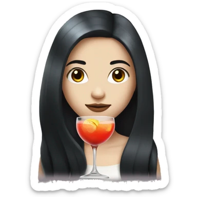 Pale girl with long black hair with chest holding cocktail sticker