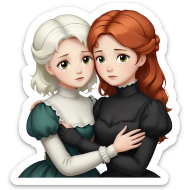 Two Victorian women with light eyes, one with bright pure white coiffed hair and one with dark copper coiffed hair, wearing Victorian turtleneck dresses, embracing each other in a sad, intimate hug sticker