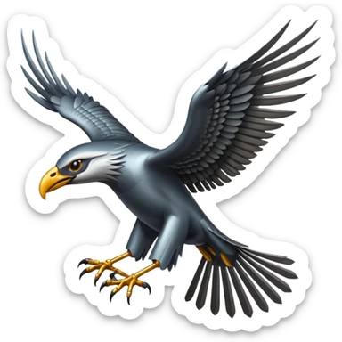 Emoji-style icon of a large metallic predatory bird flying, sharp wings, steel texture, dramatic pose, no gold sticker