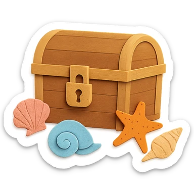 closed treasure chest with a lock, surrounded by seashells and starfish in paper-craft style sticker
