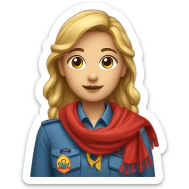 A scout girl with a knotted red and yellow scarf and a blue scout shirt sticker