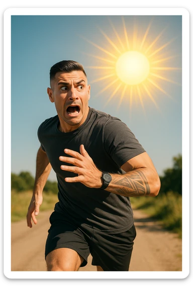Uomo che corre via dal sole spaventato perchè pensa sia nocivo realistica sticker