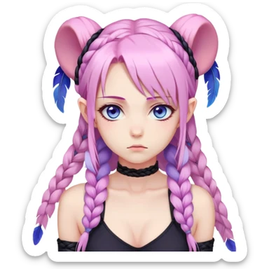 Gorgeous anime lady long-pale-pastel-pink-hair with one braid on each side, grumpy expression, purple-pink feather-ear-cuffs in hair, black bodysuit, blue eyes, pink iris, ethereal, fantasy, sticker