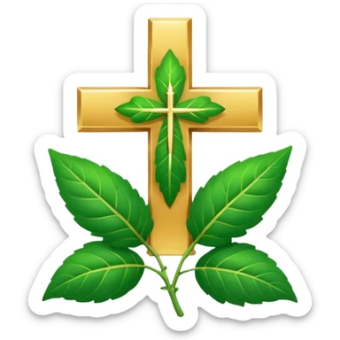 "A clean, friendly emoji of three vibrant green Tulsi (Holy Basil) leaves centered over a small, glowing golden cross or 'plus' sign, symbolizing healing. Simple, flat, 32x32 pixel icon style. Transparent background. Icon for natural healing and wellness." sticker