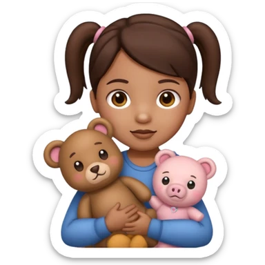 Toddler emoji with two pigtails dark brown hair holding stuff sticker