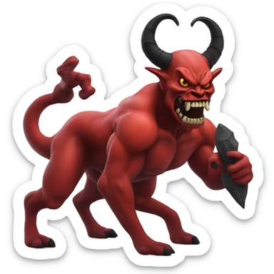 A red demon with black and white horns twisted to the back sticker