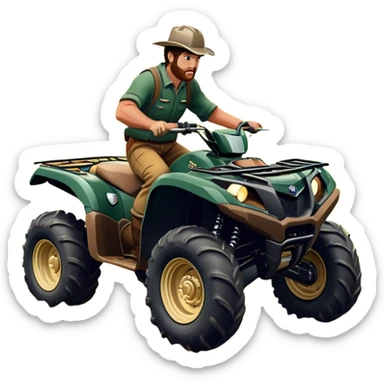 Yamaha Grizzly 700 (2019) – Cinematic-realistic Yamaha Grizzly 700 ATV, its dark green frame tearing through muddy trails. Thick off-road tires grip the rugged terrain as a farmer rides across the paddock, herding cattle with precision under a golden sunset. sticker