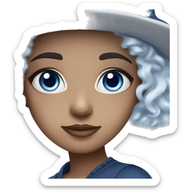 a girl with heterochromia, one eye is light blue and the right eye is dark blue, white short curly hair, with a small hat thats blue on the left side of her head, and is pretty, dark blue oufit, her hair is white with blue streaks in it￼ sticker