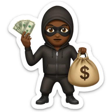 robber emoji, Google style, masked figure tiptoeing with money bag sticker
