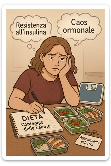 "Desperate woman with PCOS following standard calorie-counting diet, scale showing no weight loss despite strict adherence, expression of confusion and defeat, meal prep containers with healthy foods, insulin resistance making normal dieting ineffective, hormonal chaos overriding caloric deficit principles, gym membership unused due to lack of results scritte in italiano sticker