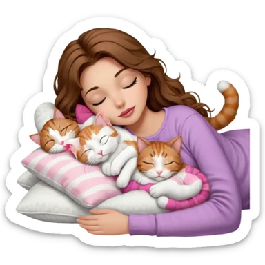 girl with long wavy brown hair, brown eyes, long lashes makeup, sexy pink lips, light to medium complexion,  sleeping on a cozy pillow, with 6 cats: 1 brown and white tabby cat, 1 ginger and white, 2 grey and white, 1 grey with white mittens and small white patch on chest and 1 calico, sleeping sticker