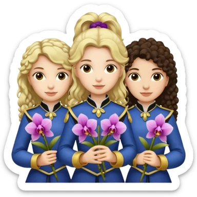 3 female musketeers, one with dark brown curly hair, one with straight blond hair, one with blond hair in pony tail, all holding orchids sticker