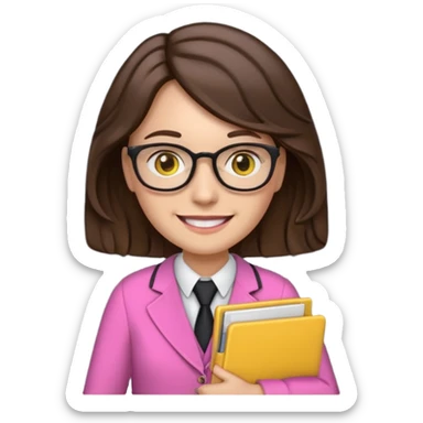 Teacher emoji but : wavy black volume brown hair, light western skin, no glasses, dark eyes, with a computer folder in the hand (color is yellow), being a teacher, wearing pink backpack but wear a teacher formal outfit, smile with teeth







 sticker