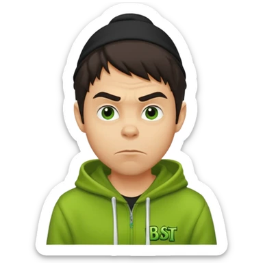 Create an avatar of white European with dark hair  male in hoodie with ``BST`` letters on it. Make background to look like from movie Grinch. make him look from right to left sticker