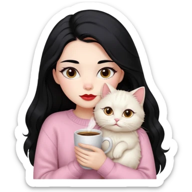 Beautiful Girl Long Hair black, Brows Big , Skin White, Sweater Pale Pink , Big Red Lips, Eyes coffe, Hug Little baby Persa Cream Cat With Cute Eyes sticker