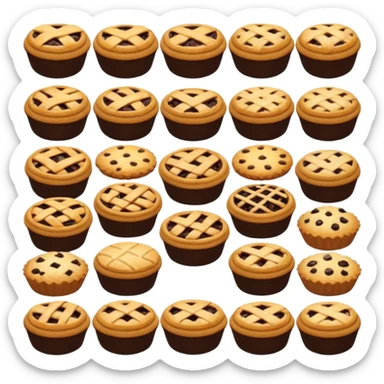 Baking community avatar in clean emoji-style illustration. Pies, cookies, and muffins grouped together, warm golden tones, simple shapes, flat design, high contrast, cozy and friendly. sticker
