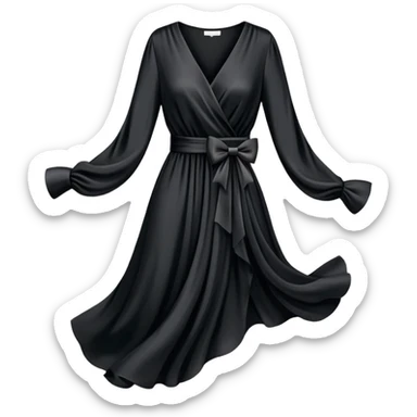 black silk v-neck wrap dress with a bow and long sleeves, isolated, floating in the air sticker